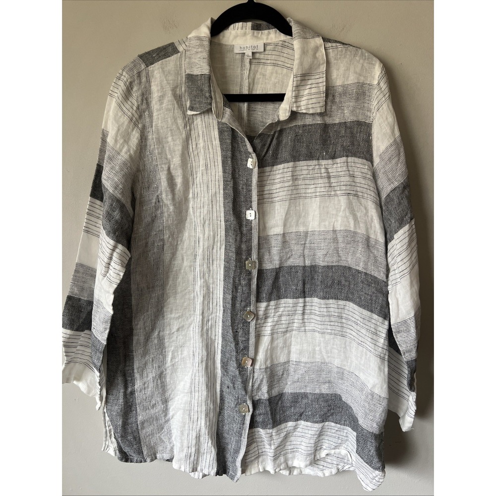 Habitat Woven Button-Up Shirt Linen Blend Coastal Black White Coastal Resort